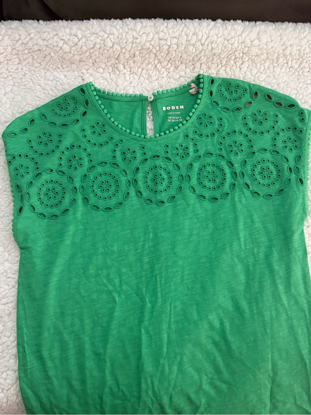 Boden Emerald Green Sasha Eyelet Yoke Short-Sleeve Top